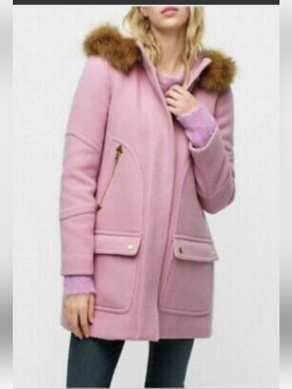 J. Crew Pink Wool-Blend Pea Coat with Faux Fur Trim
